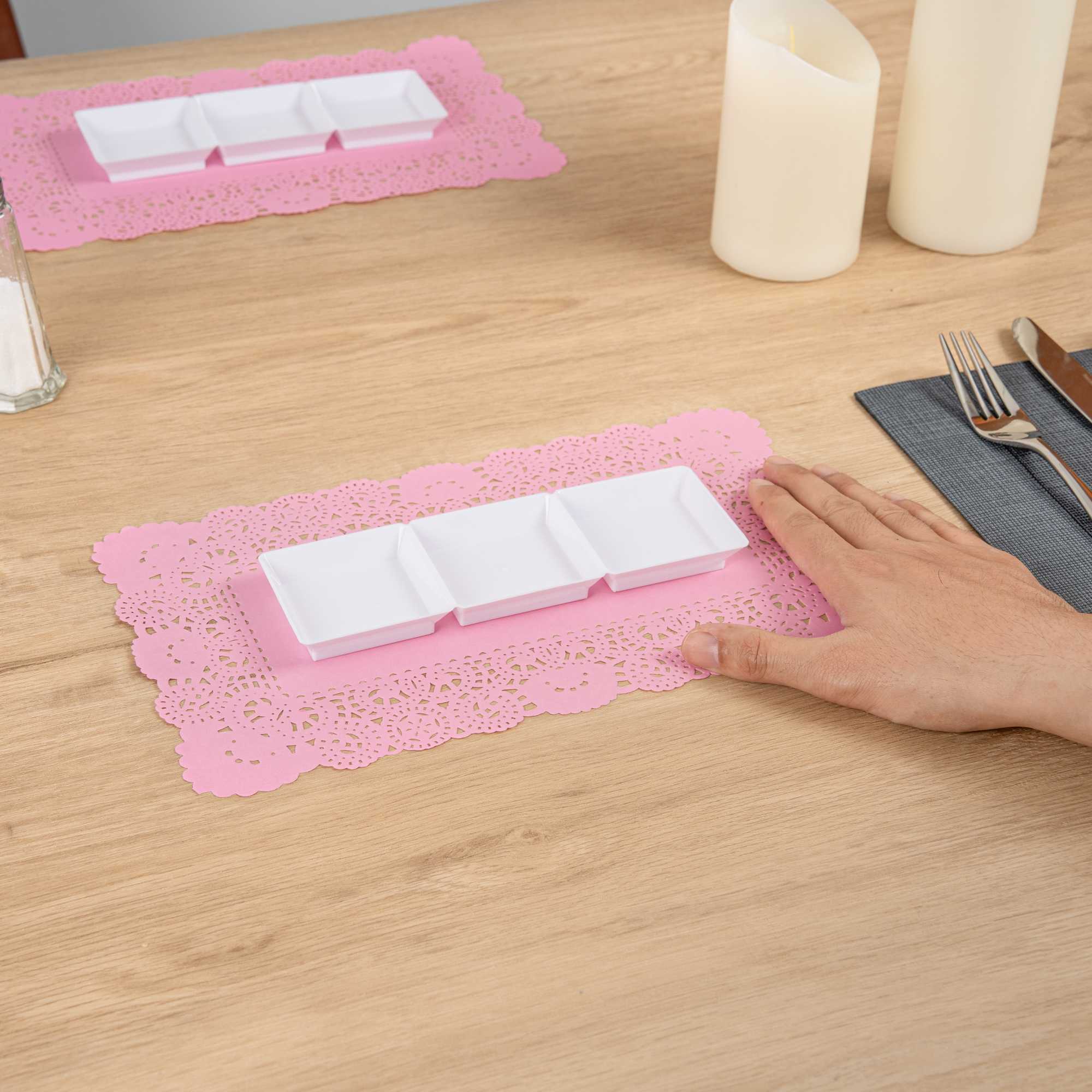 Pastry Tek Rectangle Pink Paper Doilies - Lace - 12" x 7" - 100 count box