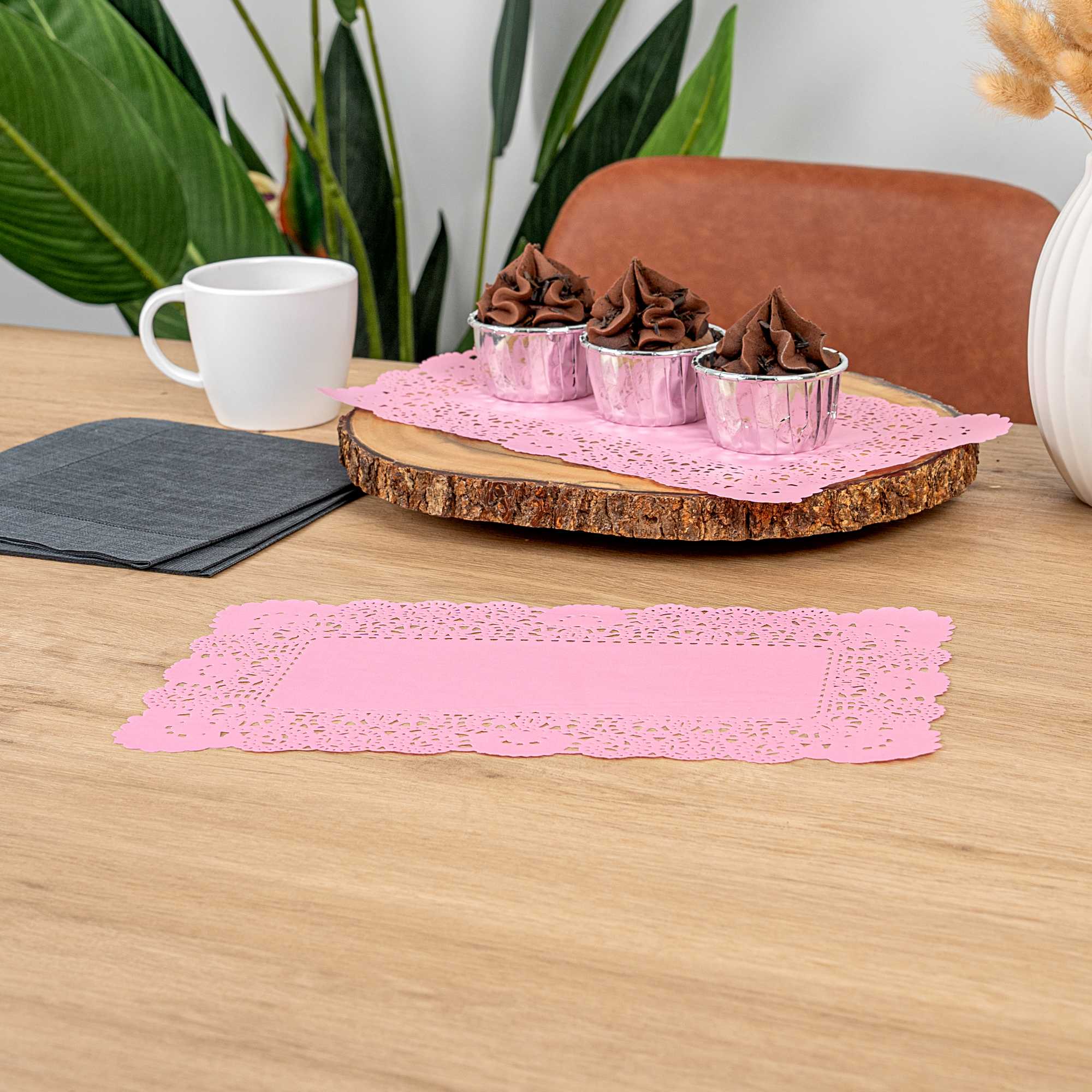 Pastry Tek Rectangle Pink Paper Doilies - Lace - 12" x 7" - 100 count box