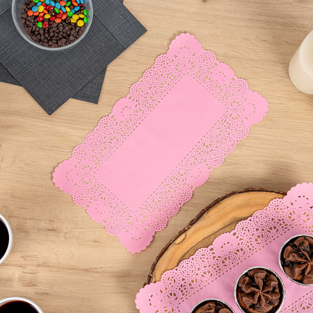 Pastry Tek Rectangle Pink Paper Doilies - Lace - 12" x 7" - 4000 count box