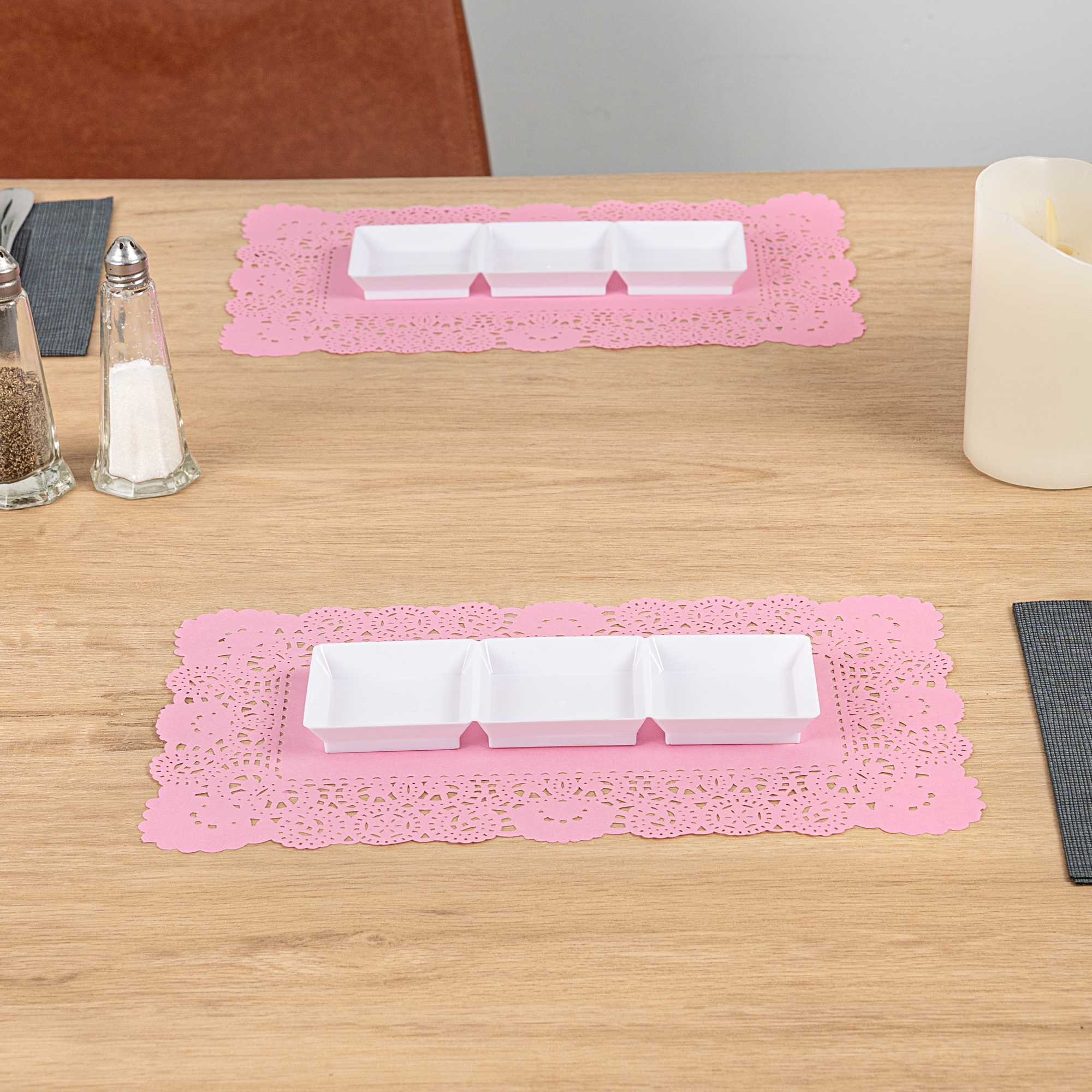 Pastry Tek Rectangle Pink Paper Doilies - Lace - 12" x 7" - 4000 count box