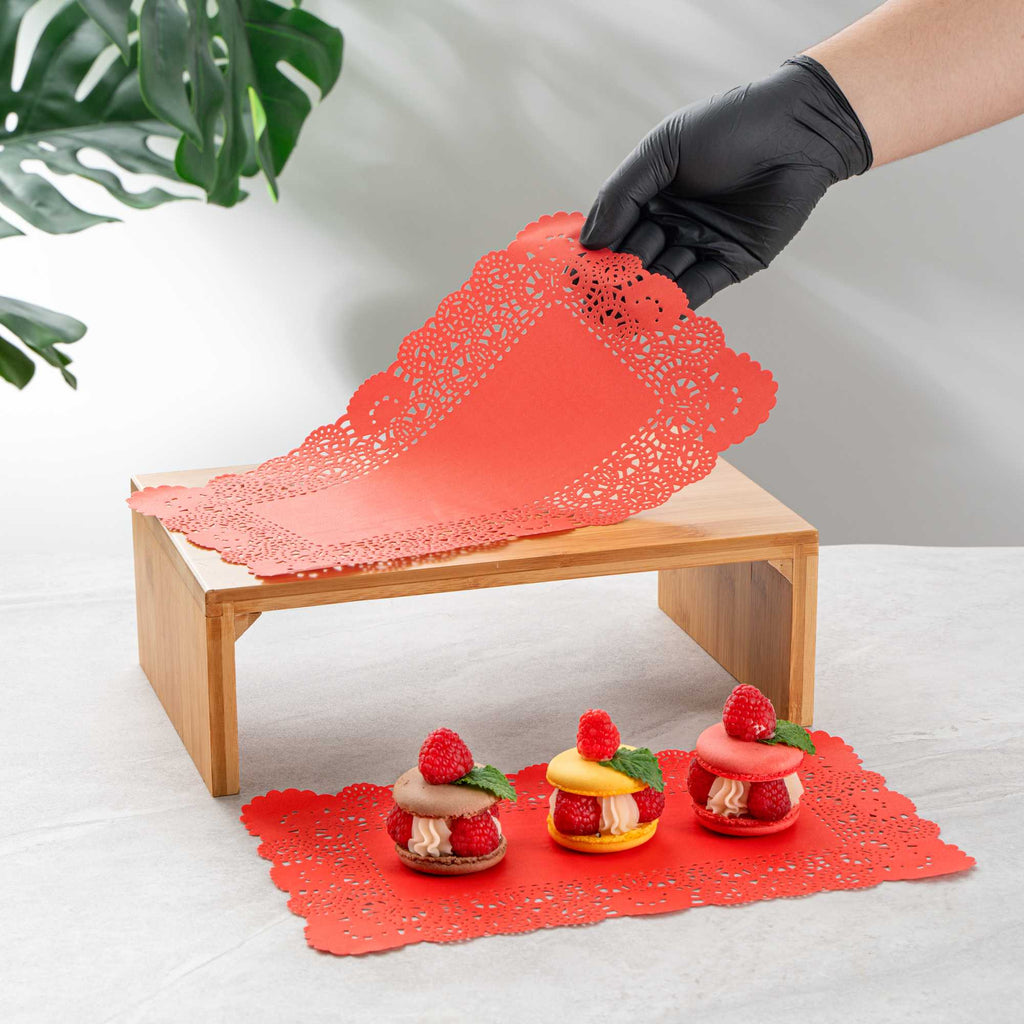 Pastry Tek Rectangle Red Paper Doilies - Lace - 12" x 7" - 4000 count box