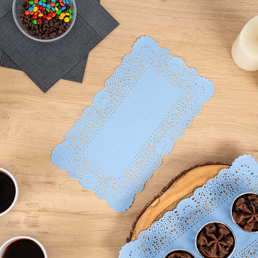 Pastry Tek Rectangle Sky Blue Paper Doilies - Lace - 12" x 7" - 100 count box