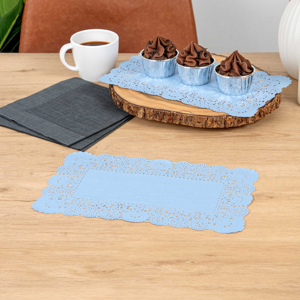Pastry Tek Rectangle Sky Blue Paper Doilies - Lace - 12" x 7" - 100 count box