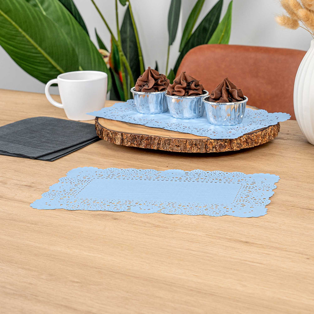 Pastry Tek Rectangle Sky Blue Paper Doilies - Lace - 12" x 7" - 100 count box