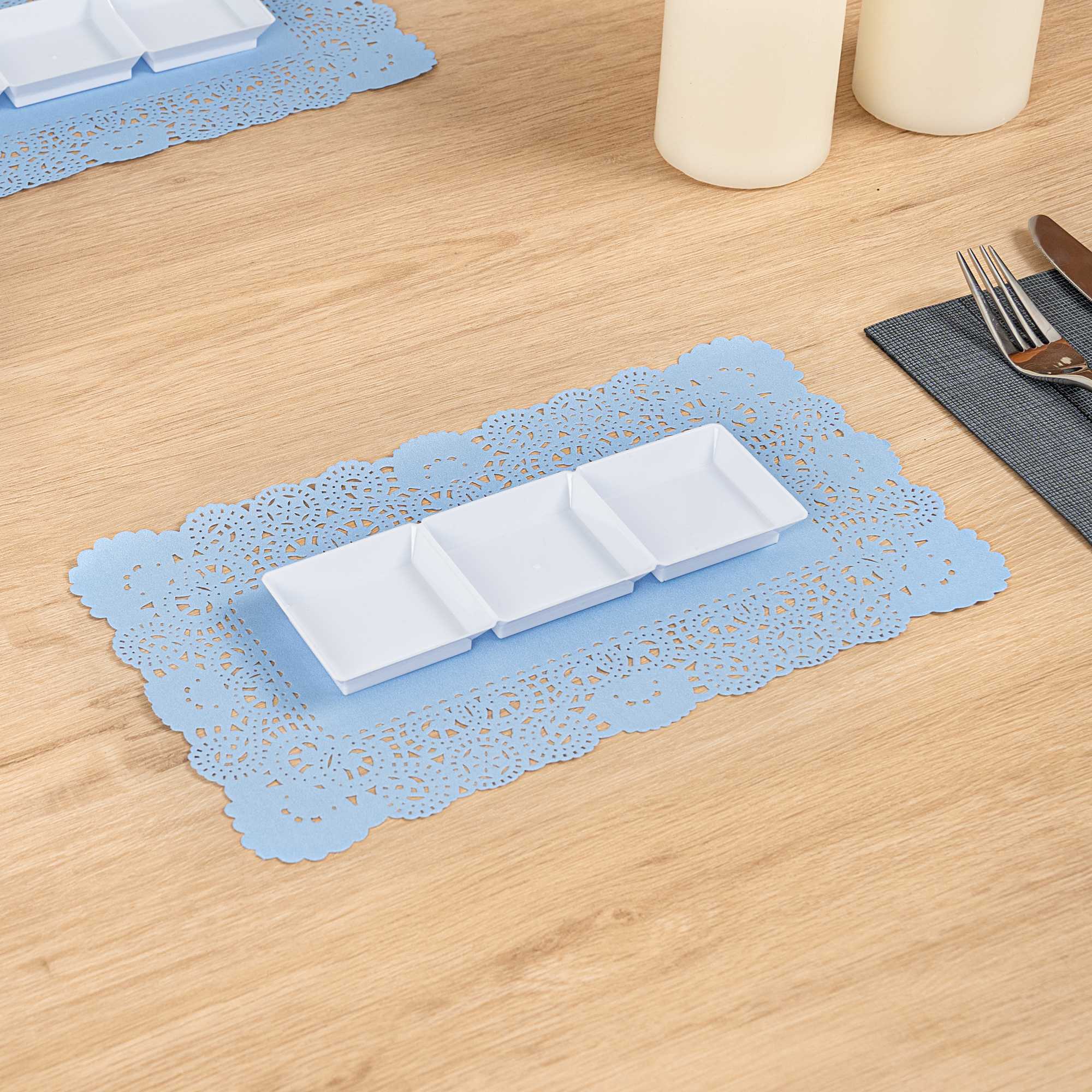 Pastry Tek Rectangle Sky Blue Paper Doilies - Lace - 12" x 7" - 100 count box