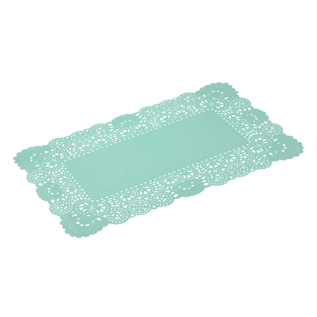 Pastry Tek Rectangle Teal Paper Doilies - Lace - 12" x 7" - 100 count box