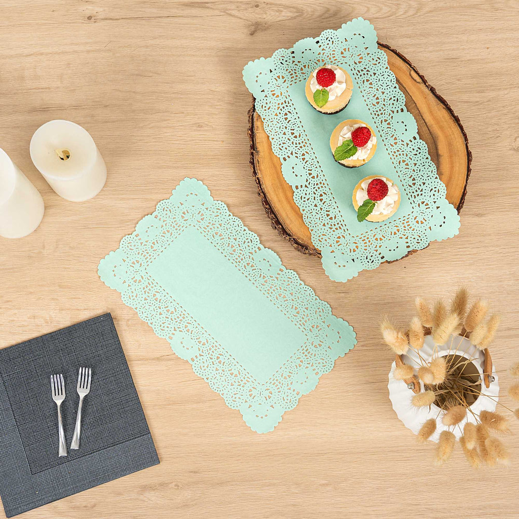 Pastry Tek Rectangle Teal Paper Doilies - Lace - 12" x 7" - 100 count box