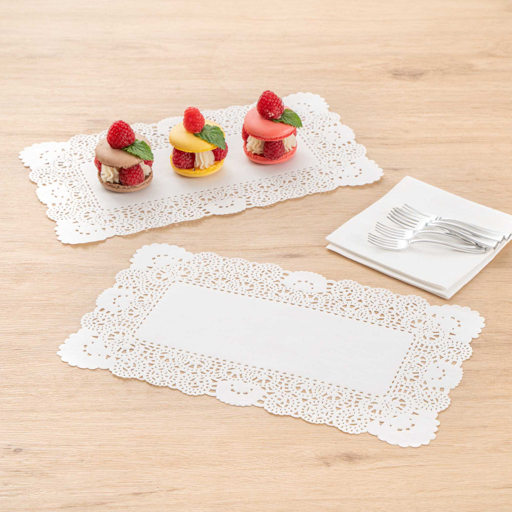 Pastry Tek Rectangle White Paper Doilies - Lace - 12" x 7" - 4000 count box