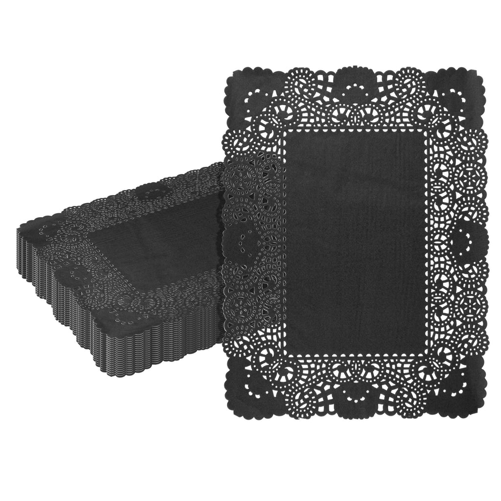 Pastry Tek Rectangle Black Paper Doilies - Lace - 15 3/4" x 12" - 100 count box