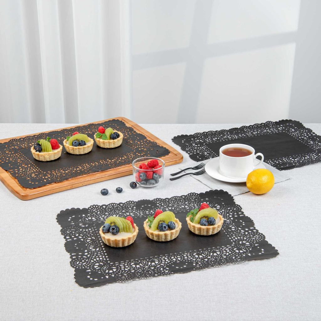 Pastry Tek Rectangle Black Paper Doilies - Lace - 15 3/4" x 12" - 100 count box