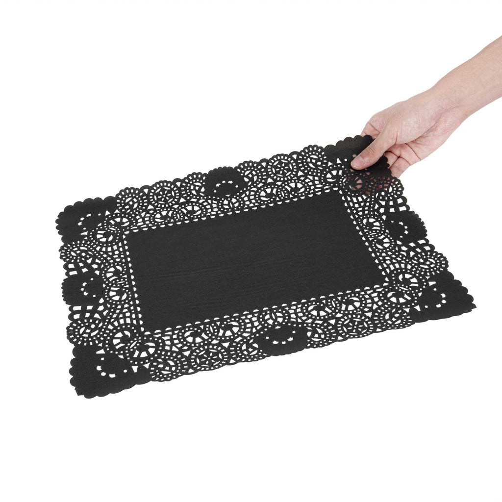 Pastry Tek Rectangle Black Paper Doilies - Lace - 15 3/4" x 12" - 100 count box