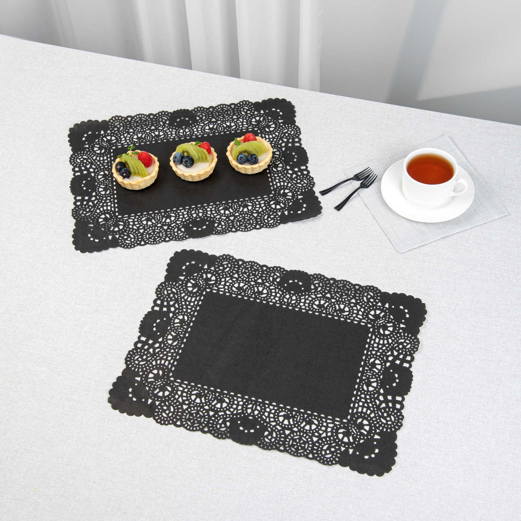 Pastry Tek Rectangle Black Paper Doilies - Lace - 15 3/4" x 12" - 100 count box