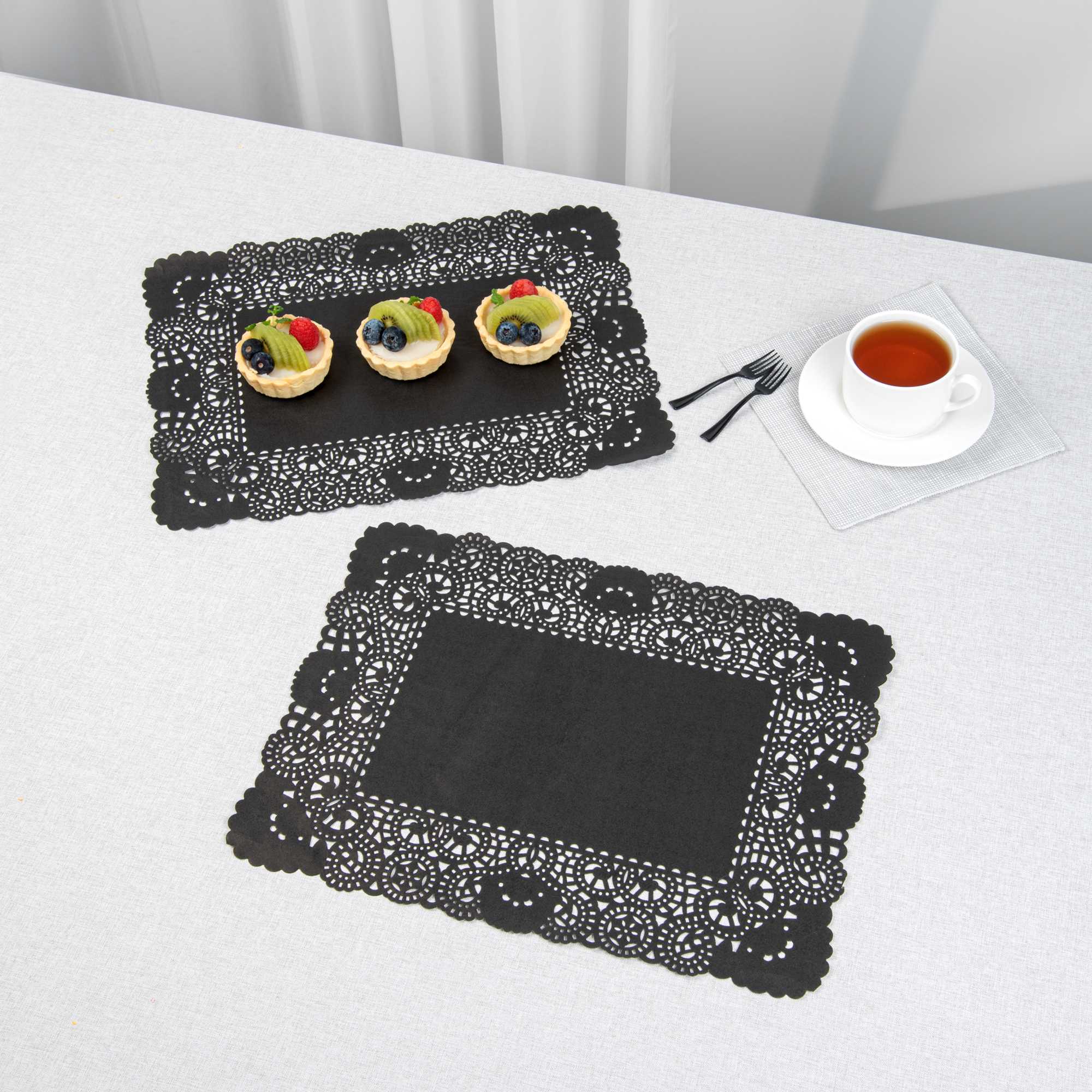 Pastry Tek Rectangle Black Paper Doilies - Lace - 15 3/4" x 12" - 100 count box
