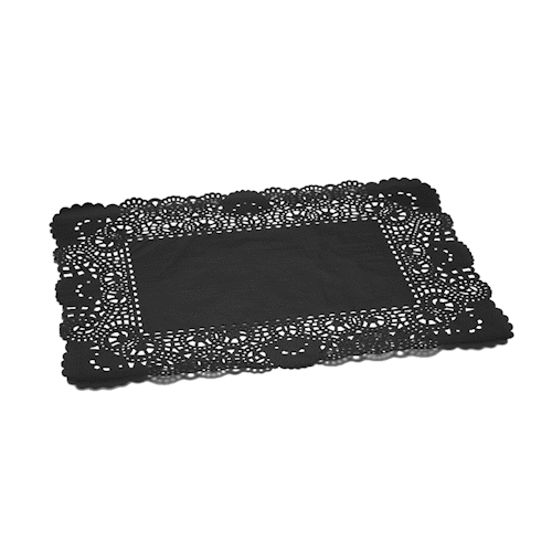 Pastry Tek Rectangle Black Paper Doilies - Lace - 15 3/4" x 12" - 4000 count box