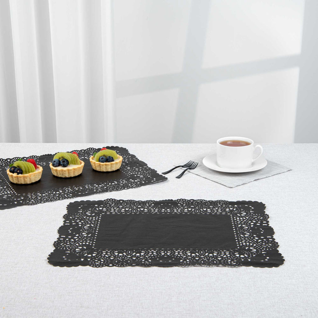 Pastry Tek Rectangle Black Paper Doilies - Lace - 15 3/4" x 12" - 4000 count box