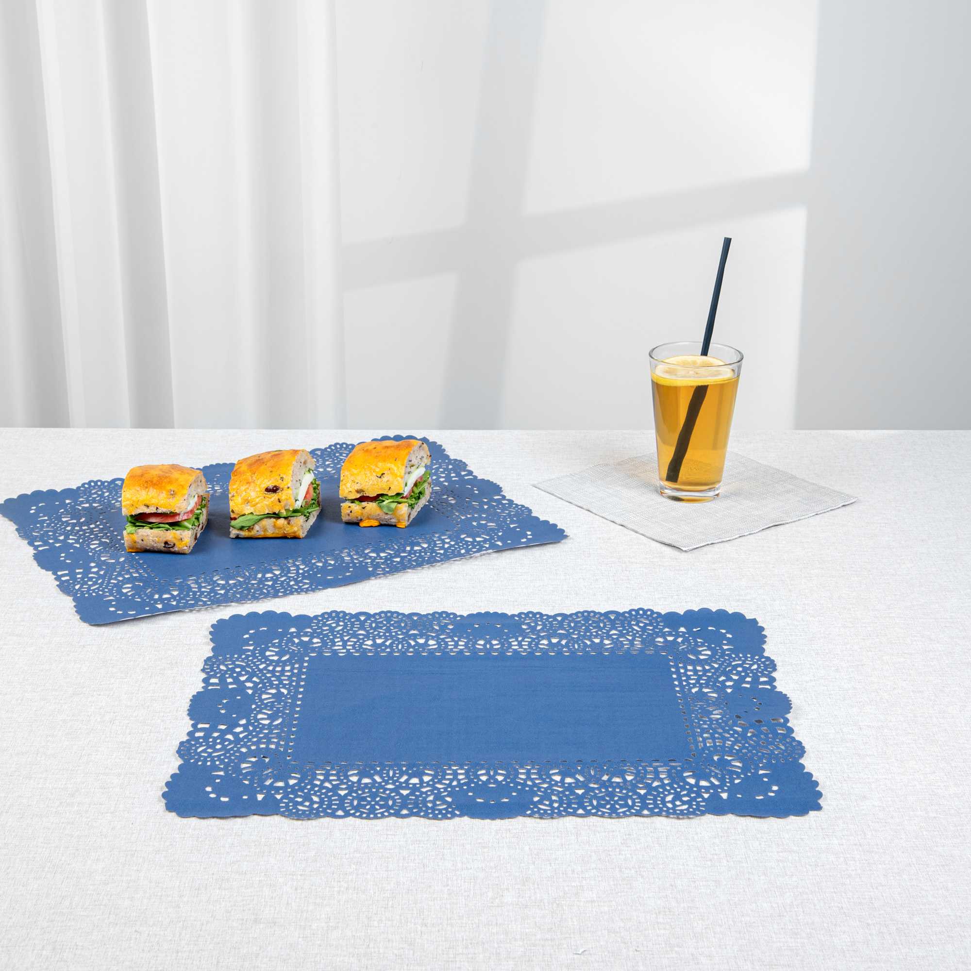Pastry Tek Rectangle Navy Blue Paper Doilies - Lace - 15 3/4" x 12" - 100 count box