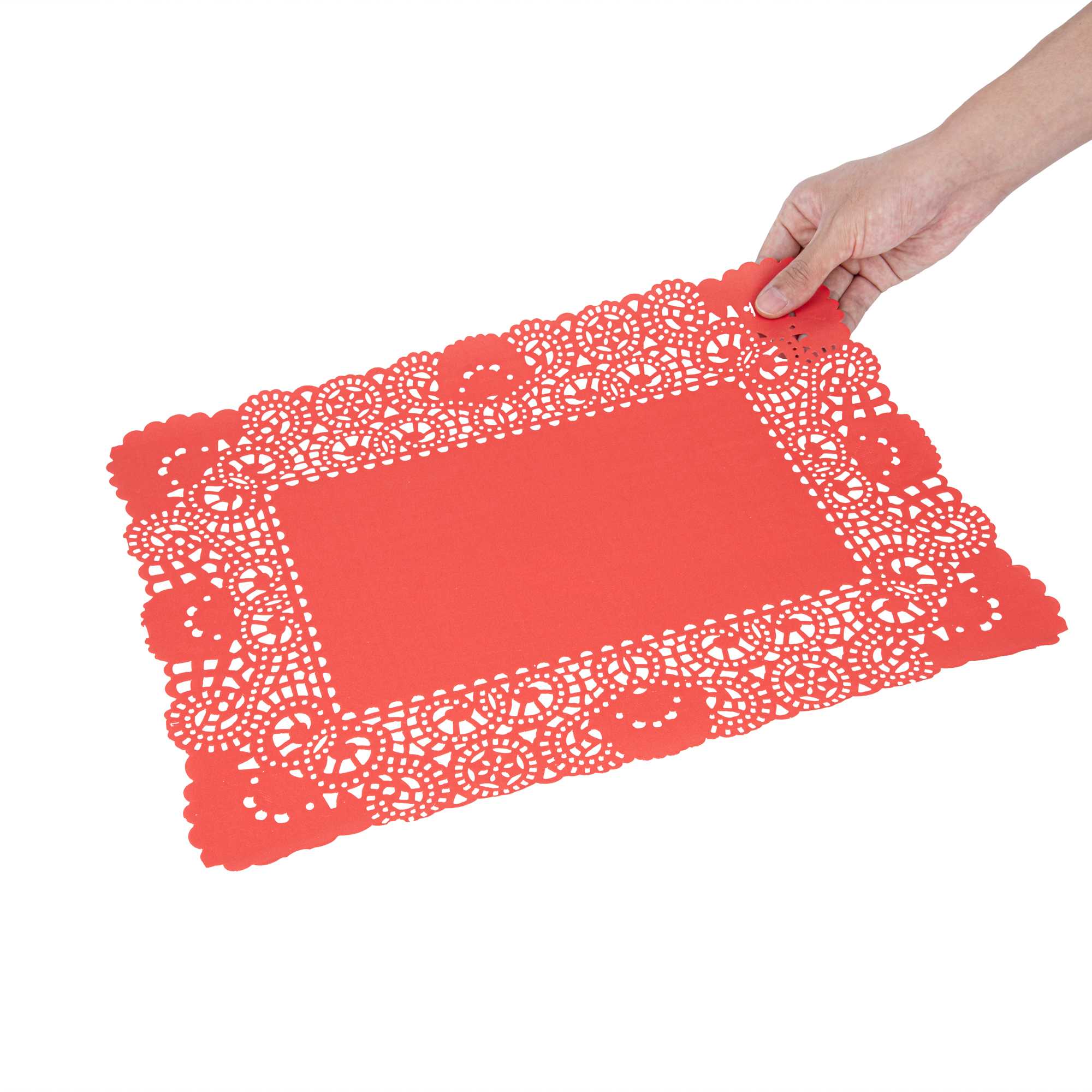 Pastry Tek Rectangle Red Paper Doilies - Lace - 15 3/4" x 12" - 100 count box