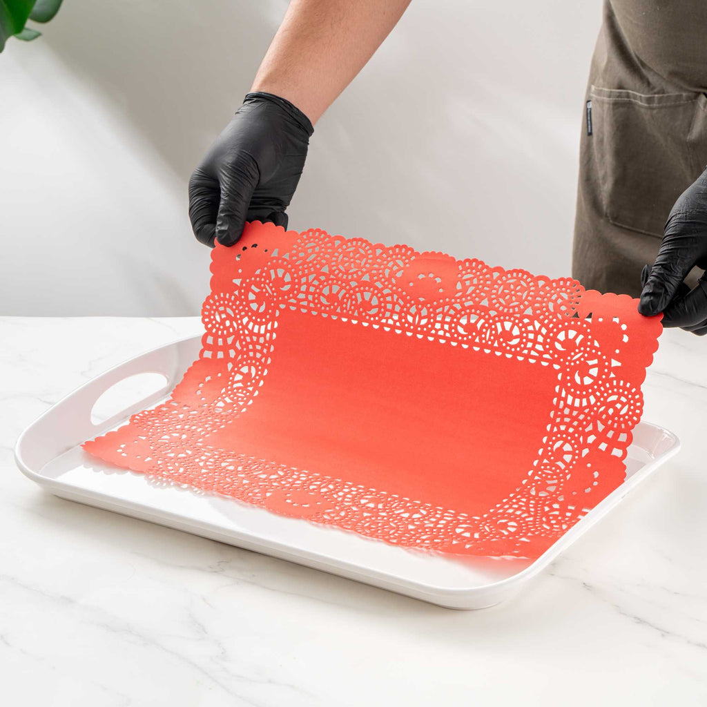 Pastry Tek Rectangle Red Paper Doilies - Lace - 15 3/4" x 12" - 100 count box