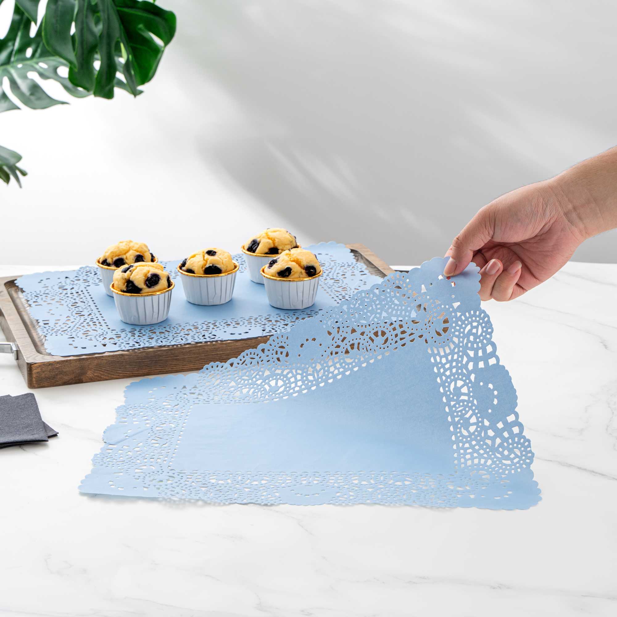 Pastry Tek Rectangle Sky Blue Paper Doilies - Lace - 15 3/4" x 12" - 100 count box
