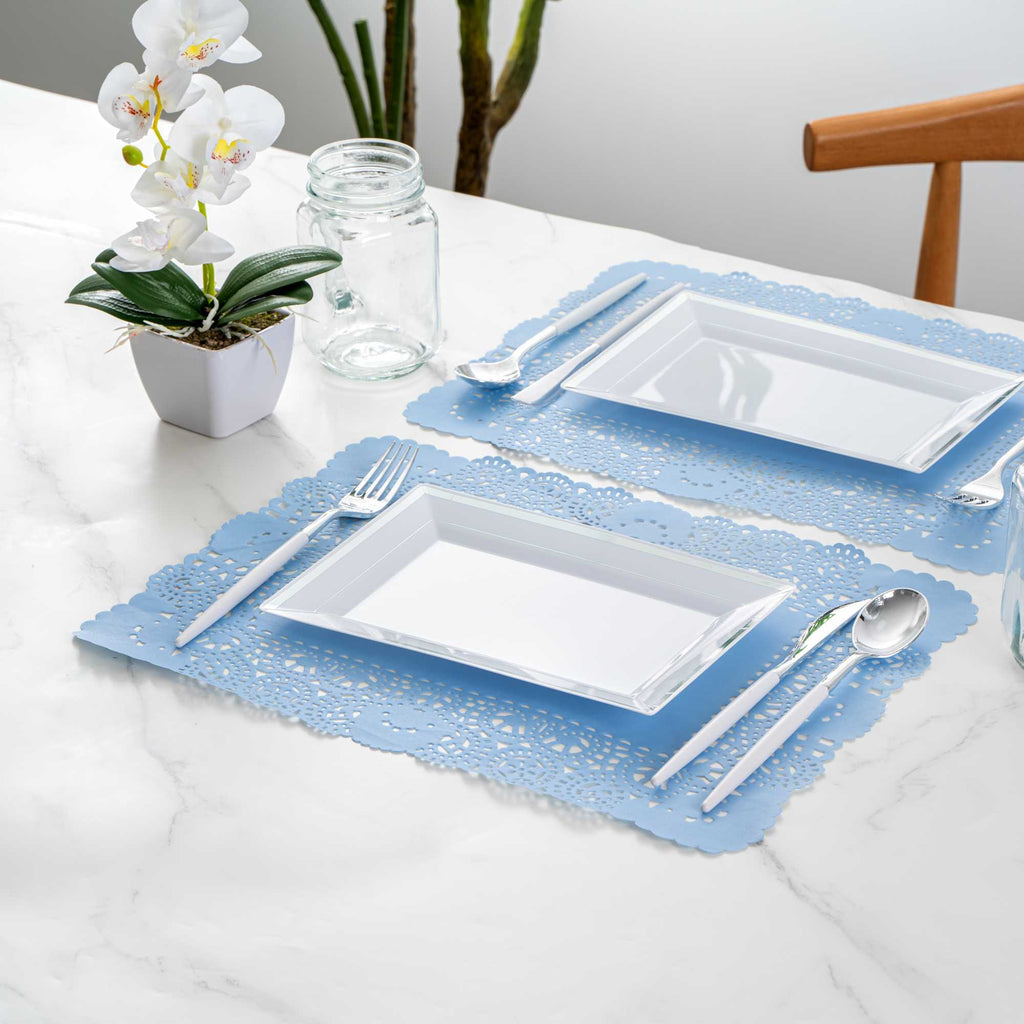 Pastry Tek Rectangle Sky Blue Paper Doilies - Lace - 15 3/4" x 12" - 100 count box