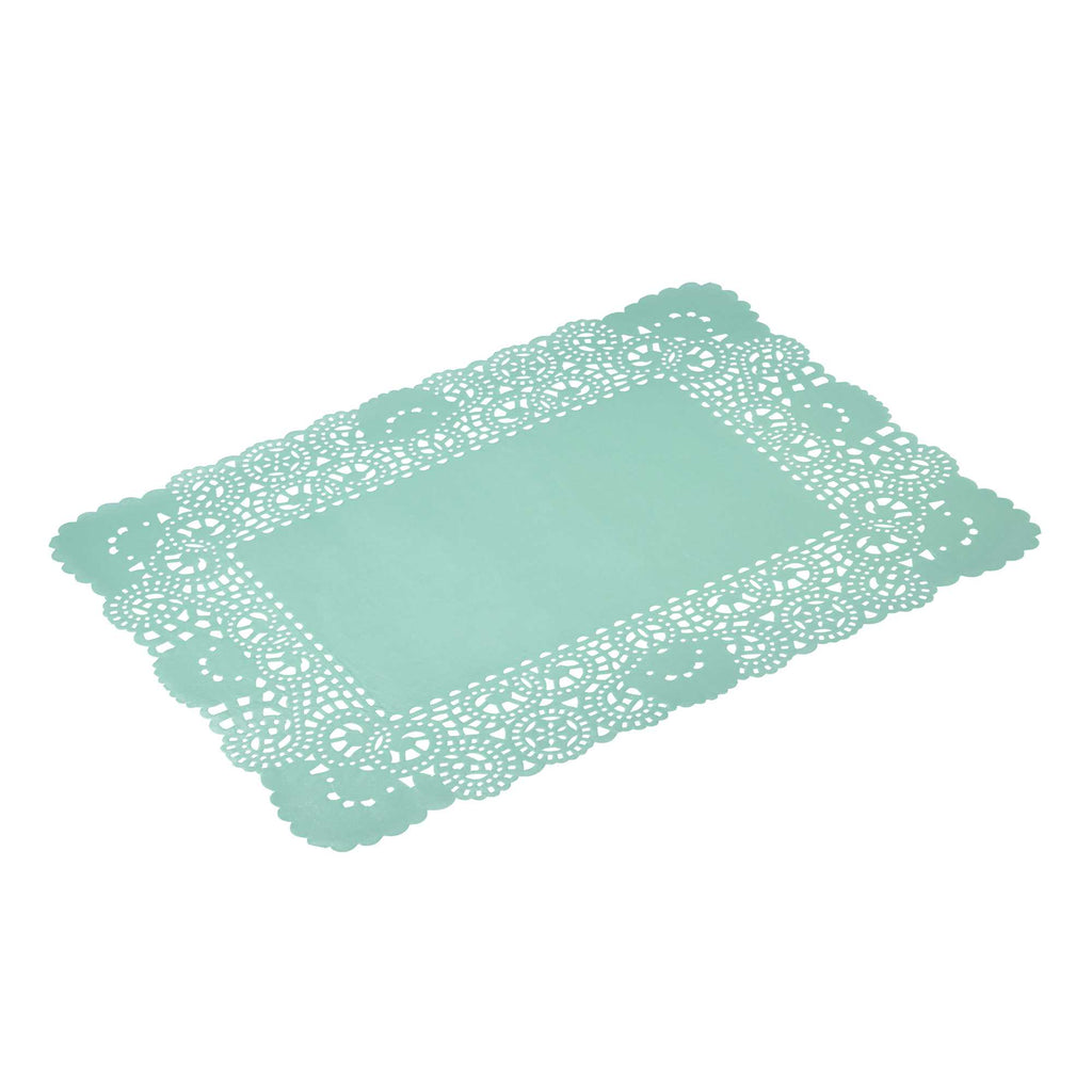 Pastry Tek Rectangle Teal Paper Doilies - Lace - 15 3/4" x 12" - 4000 count box