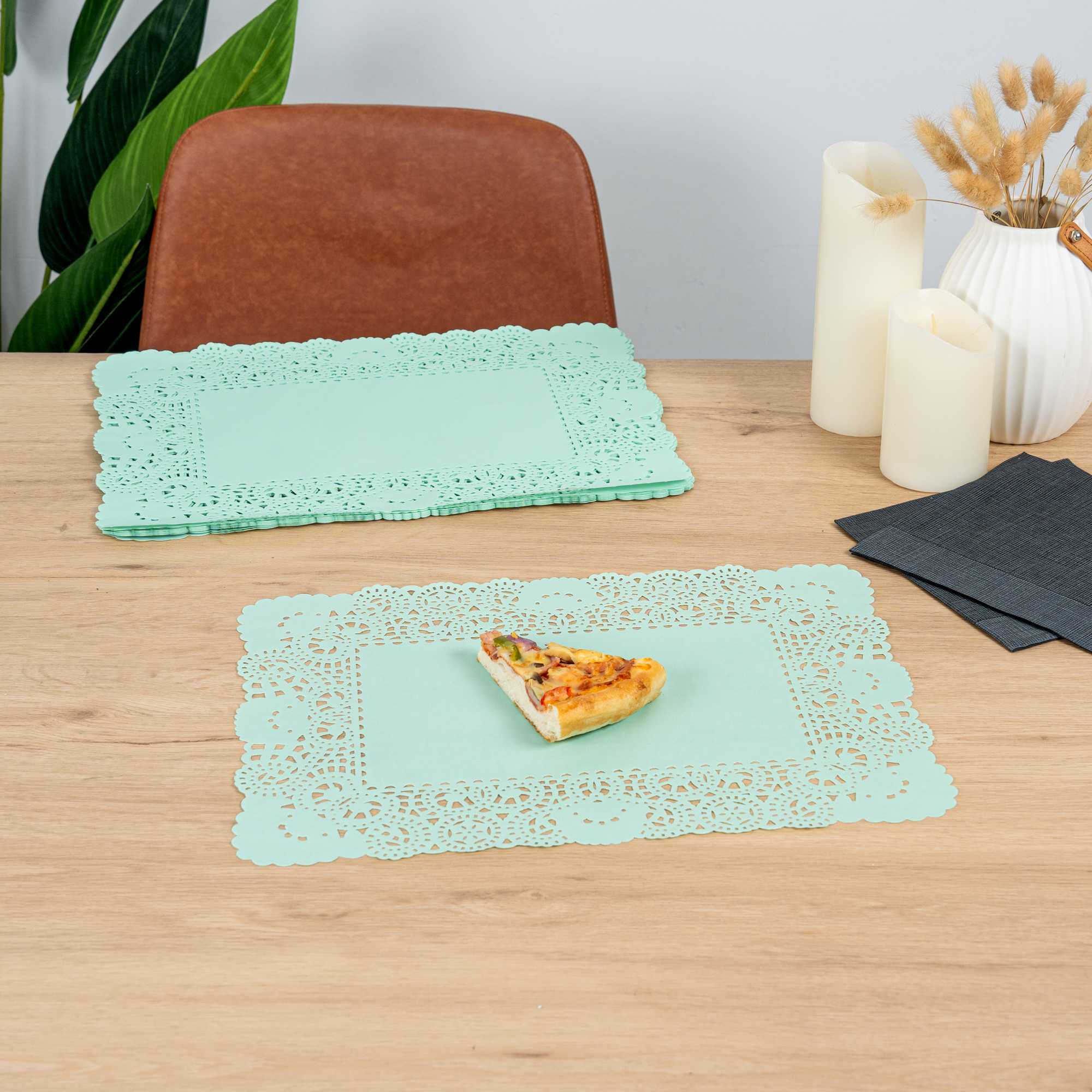 Pastry Tek Rectangle Teal Paper Doilies - Lace - 15 3/4" x 12" - 100 count box