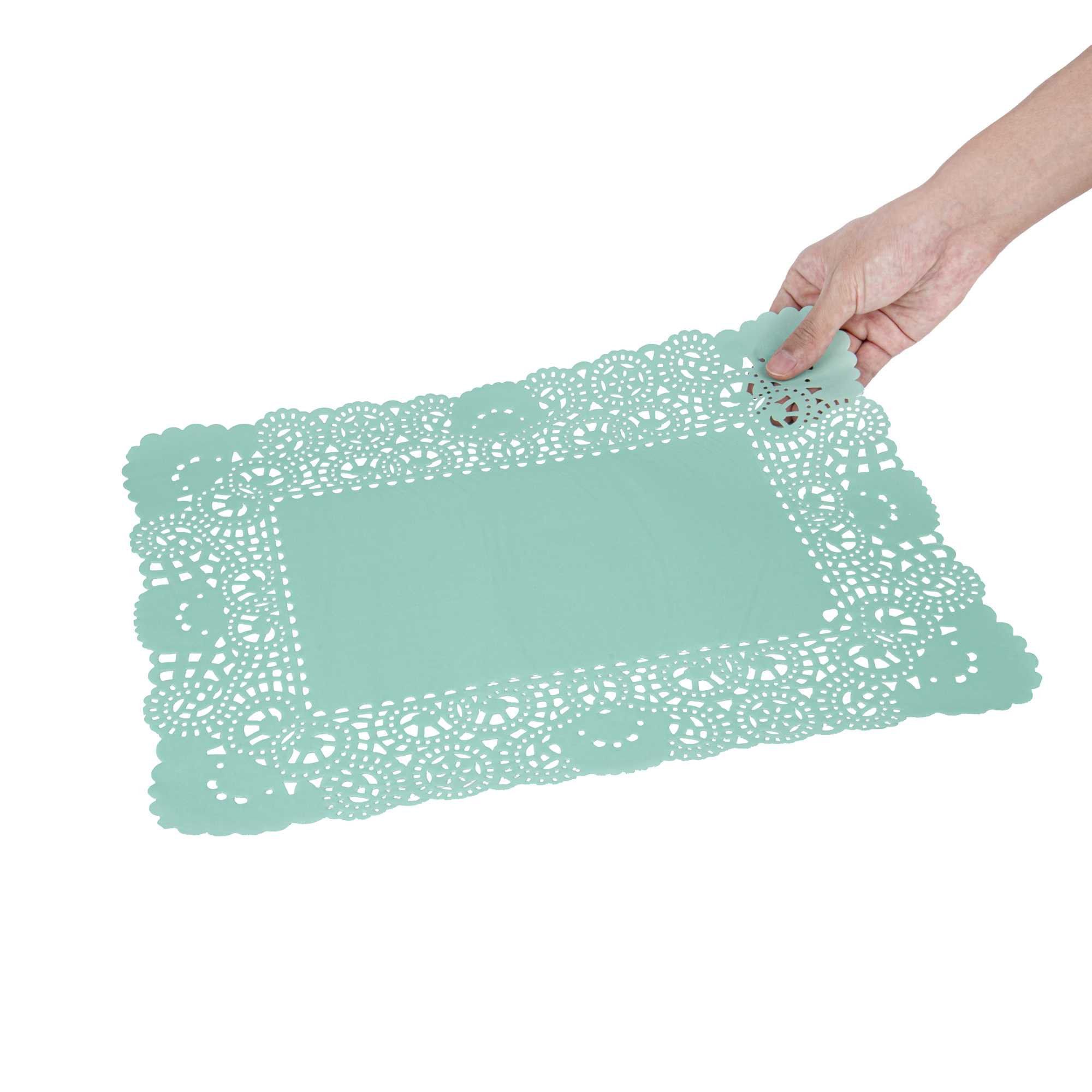Pastry Tek Rectangle Teal Paper Doilies - Lace - 15 3/4" x 12" - 4000 count box