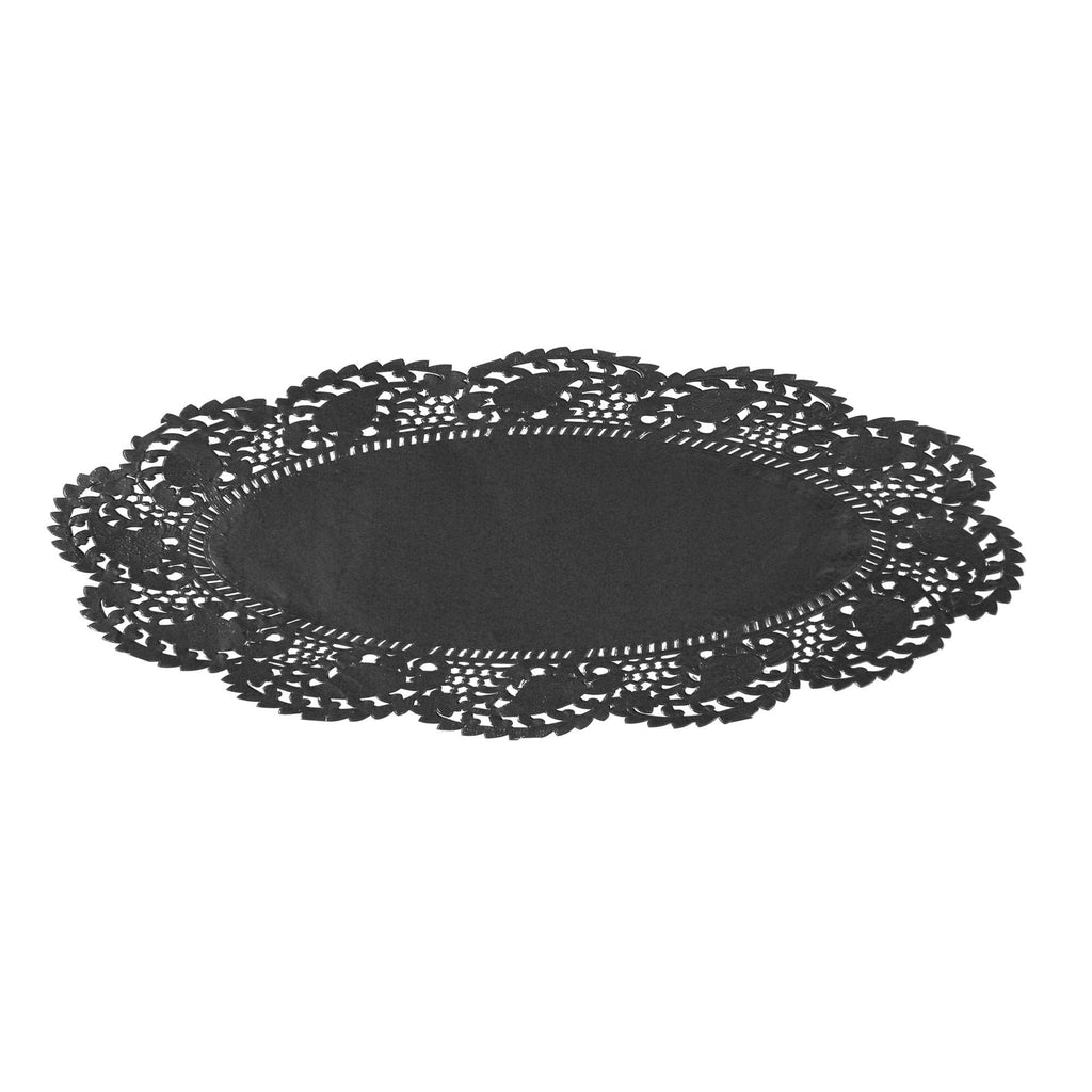 Pastry Tek Oval Black Paper Doilies - Lace - 9" x 6 1/2" - 4000 count box