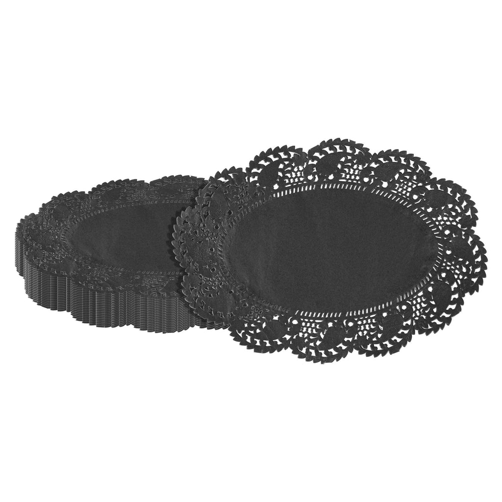 Pastry Tek Oval Black Paper Doilies - Lace - 9" x 6 1/2" - 100 count box
