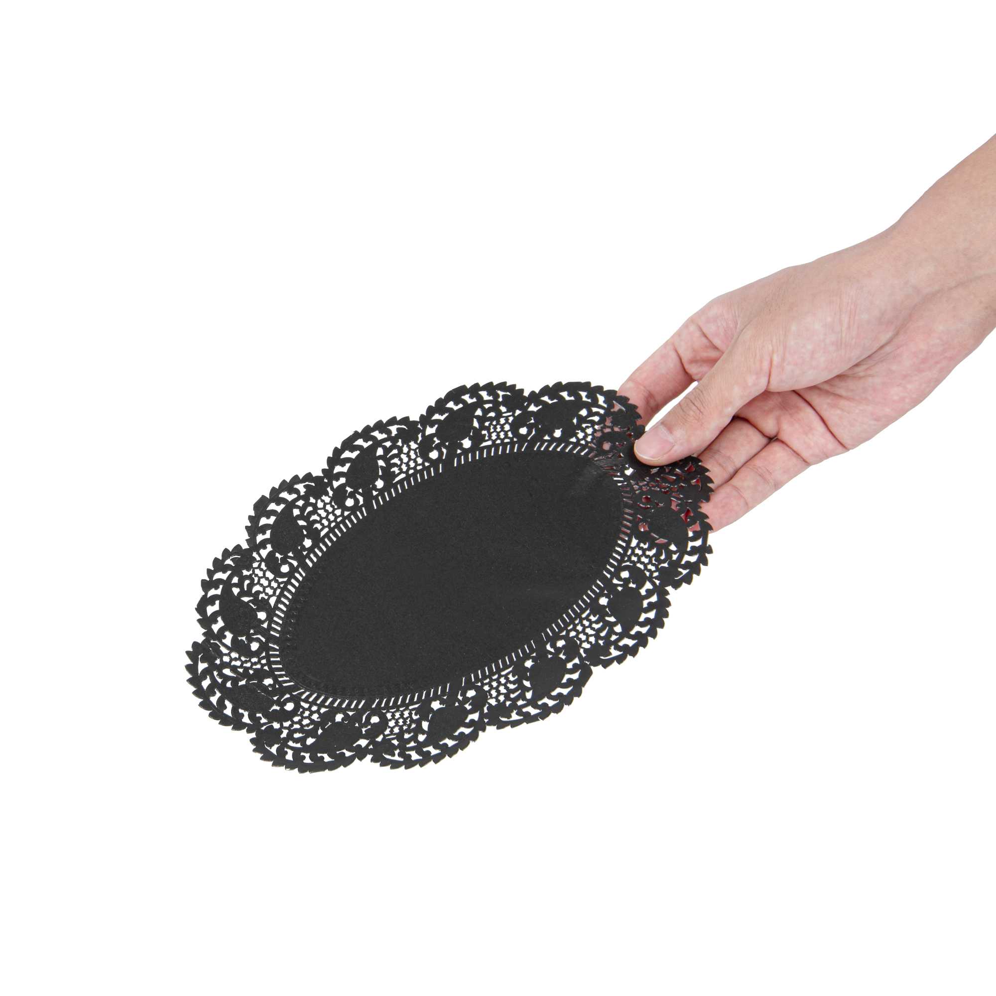 Pastry Tek Oval Black Paper Doilies - Lace - 9" x 6 1/2" - 4000 count box