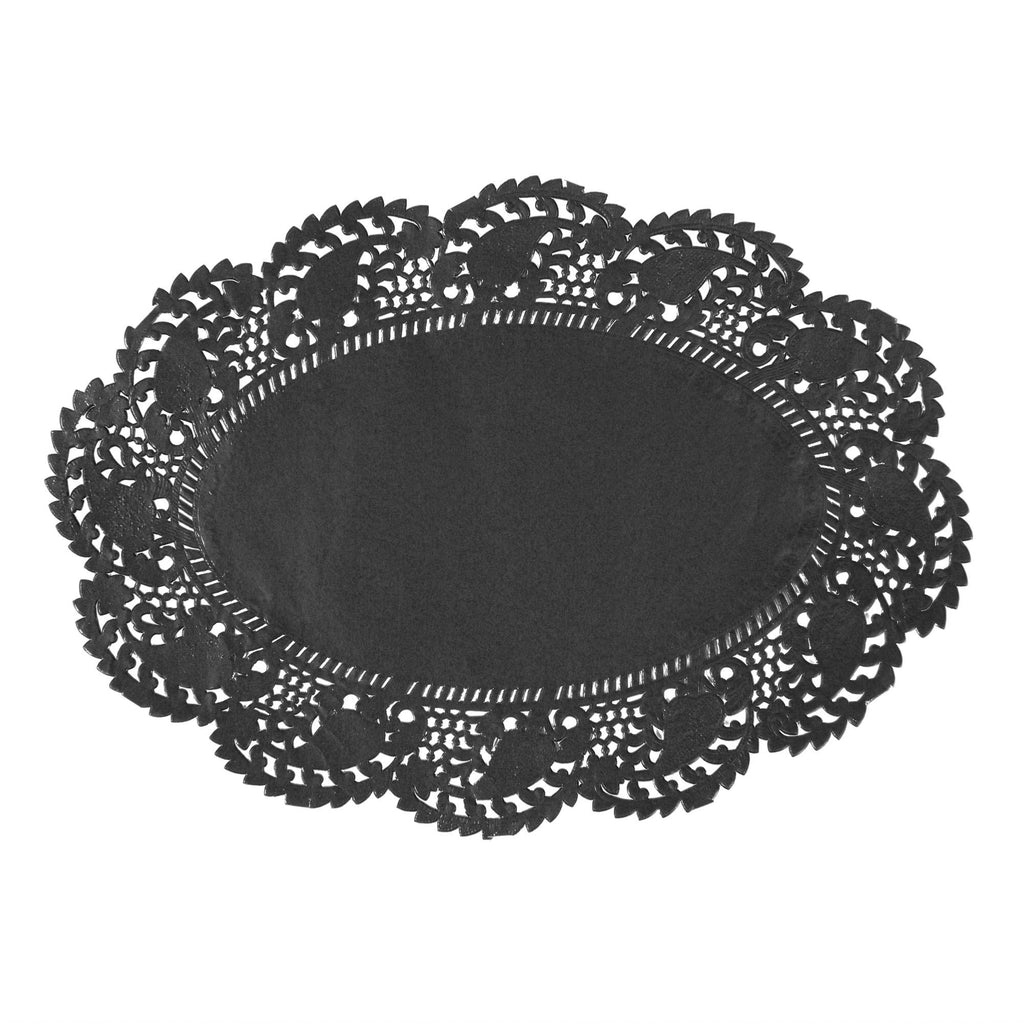 Pastry Tek Oval Black Paper Doilies - Lace - 9" x 6 1/2" - 4000 count box