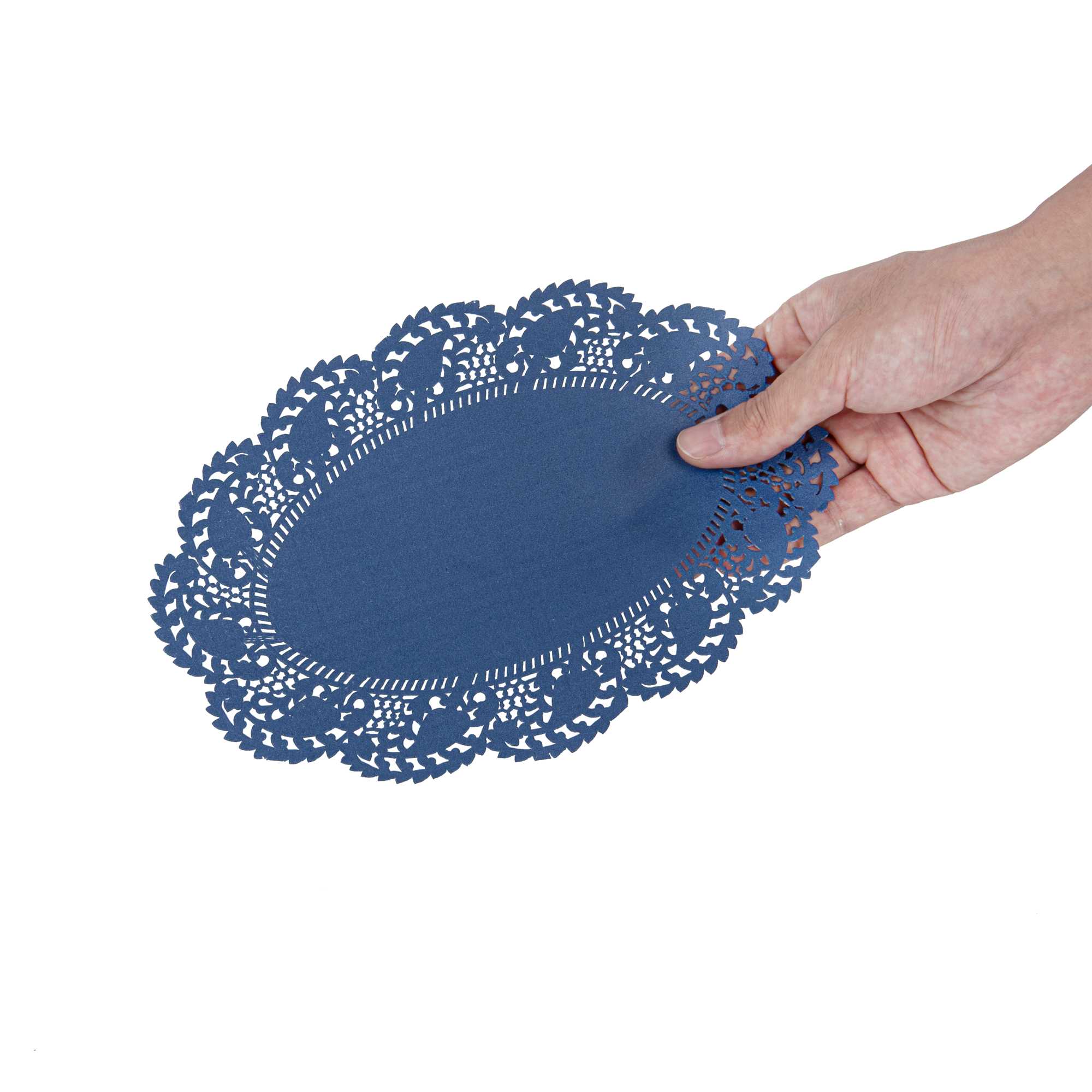 Pastry Tek Oval Navy Blue Paper Doilies - Lace - 9" x 6 1/2" - 100 count box