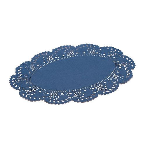Pastry Tek Oval Navy Blue Paper Doilies - Lace - 9" x 6 1/2" - 100 count box