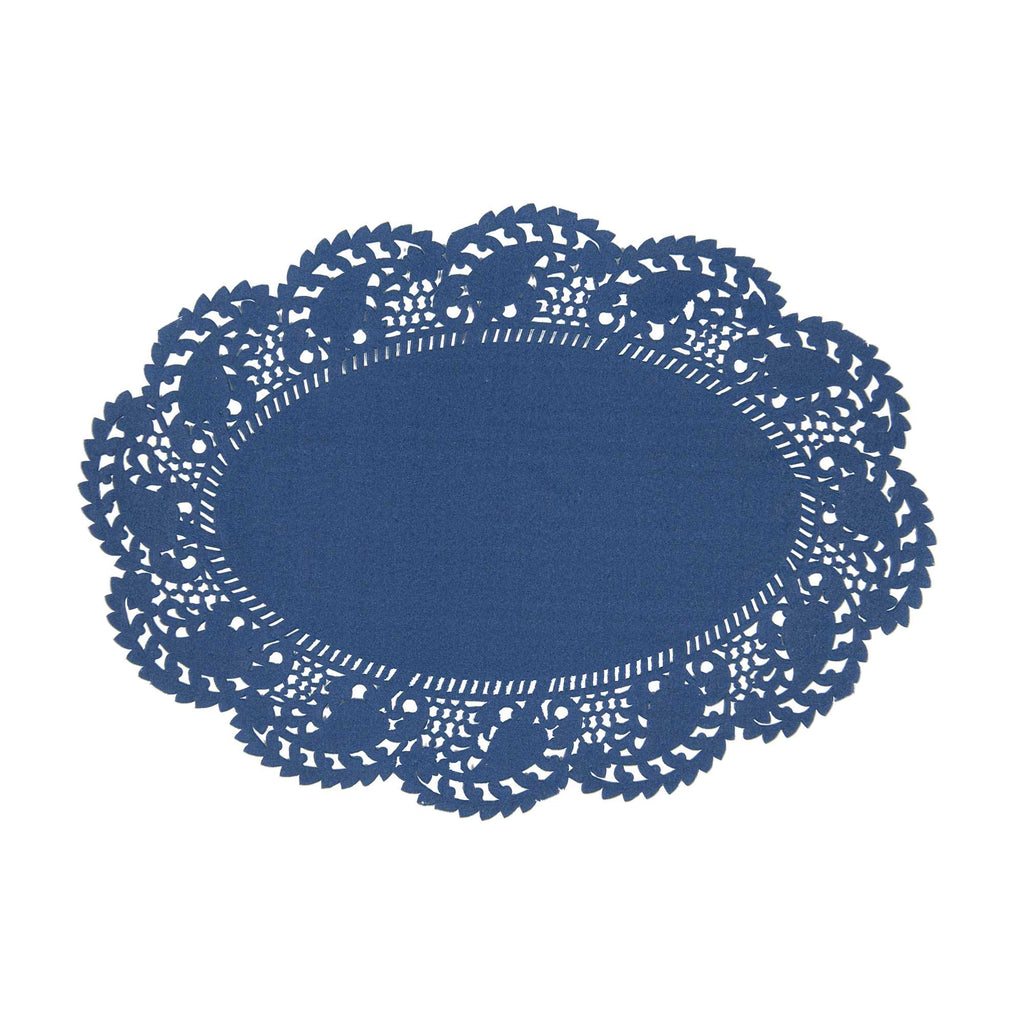 Pastry Tek Oval Navy Blue Paper Doilies - Lace - 9" x 6 1/2" - 100 count box