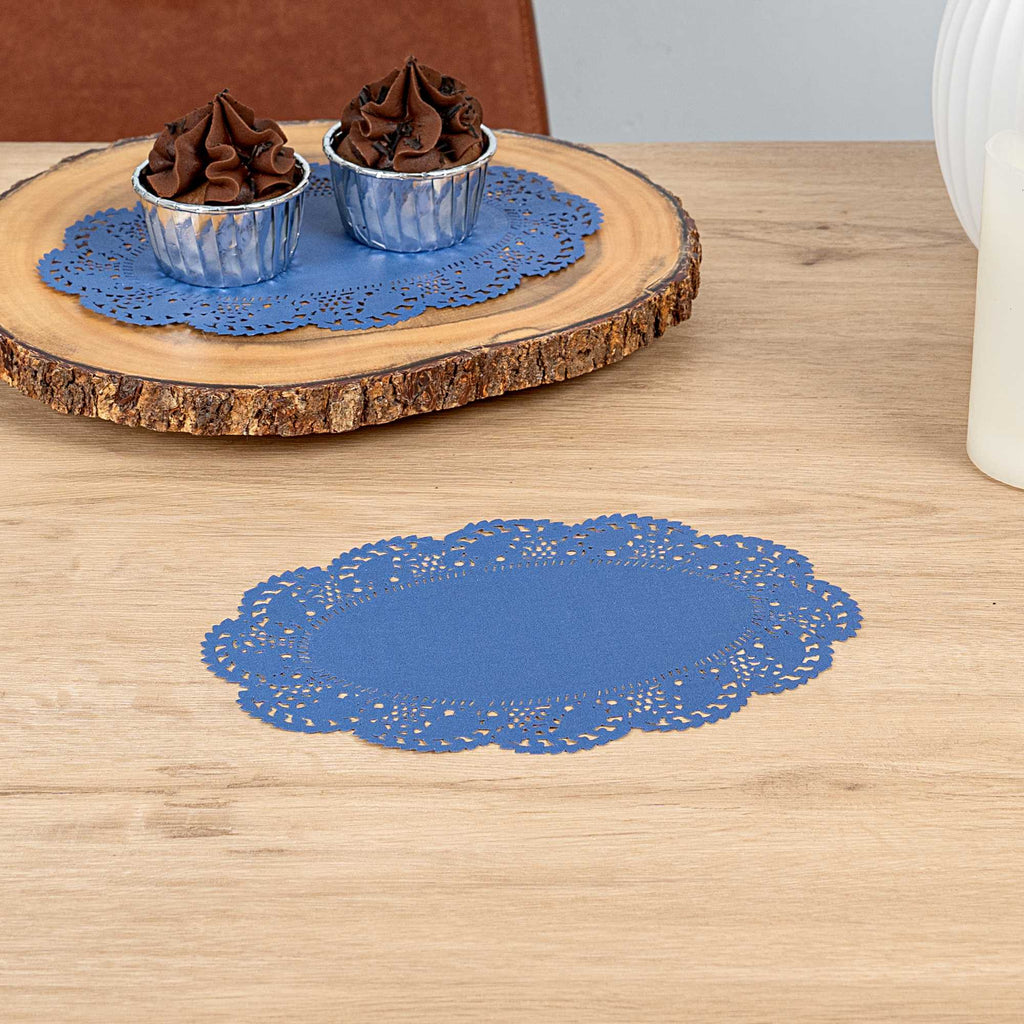Pastry Tek Oval Navy Blue Paper Doilies - Lace - 9" x 6 1/2" - 100 count box