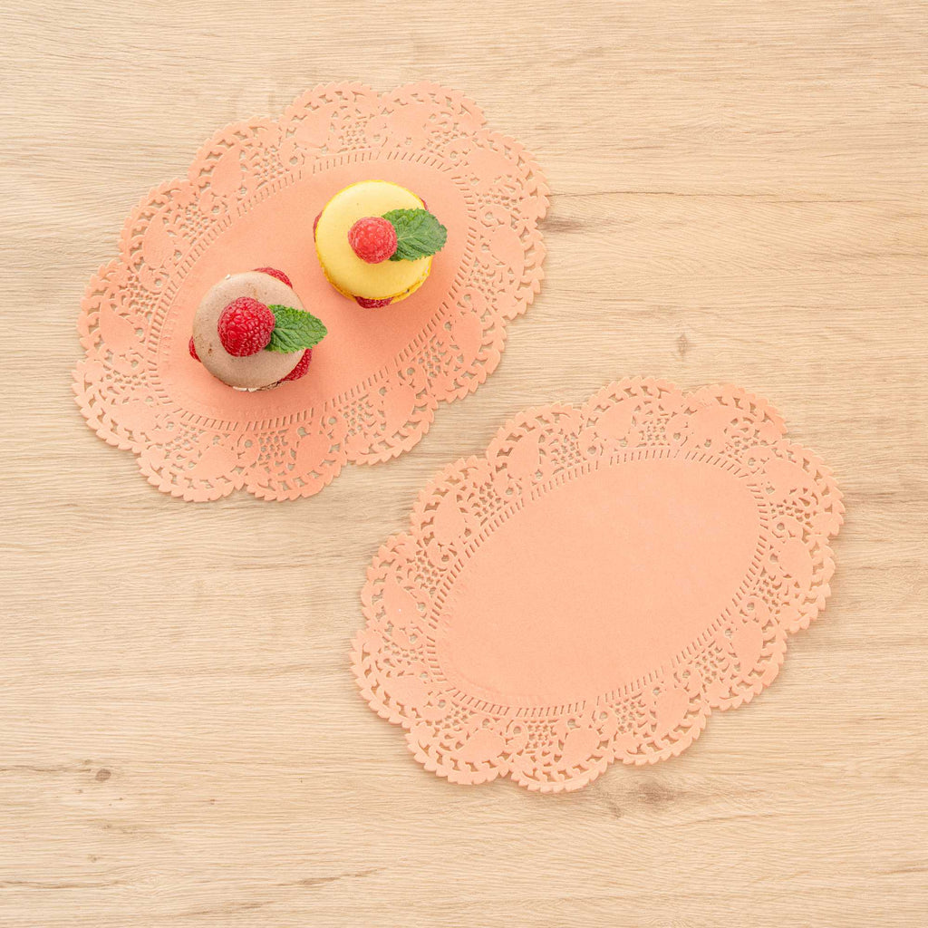 Pastry Tek Oval Coral Paper Doilies - Lace - 9" x 6 1/2" - 100 count box