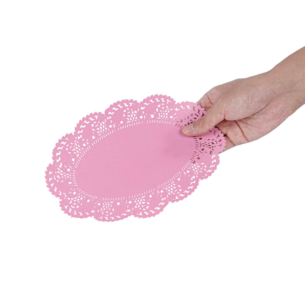 Pastry Tek Oval Pink Paper Doilies - Lace - 9" x 6 1/2" - 100 count box