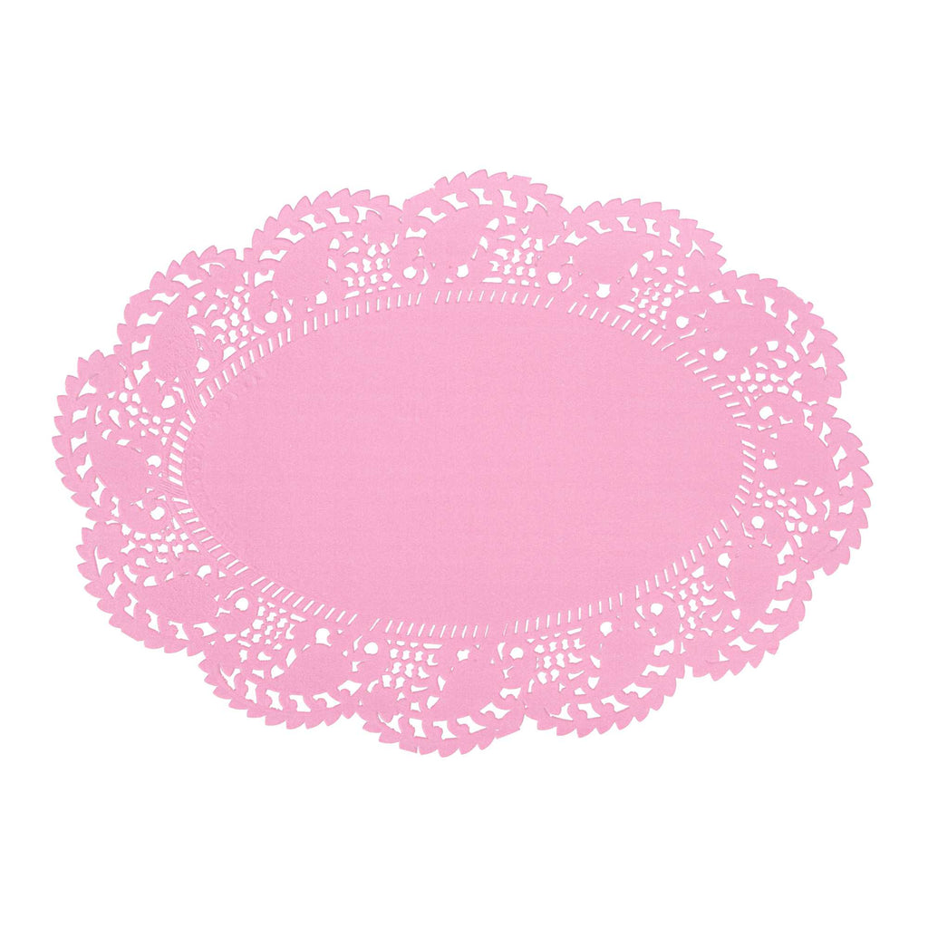 Pastry Tek Oval Pink Paper Doilies - Lace - 9" x 6 1/2" - 100 count box