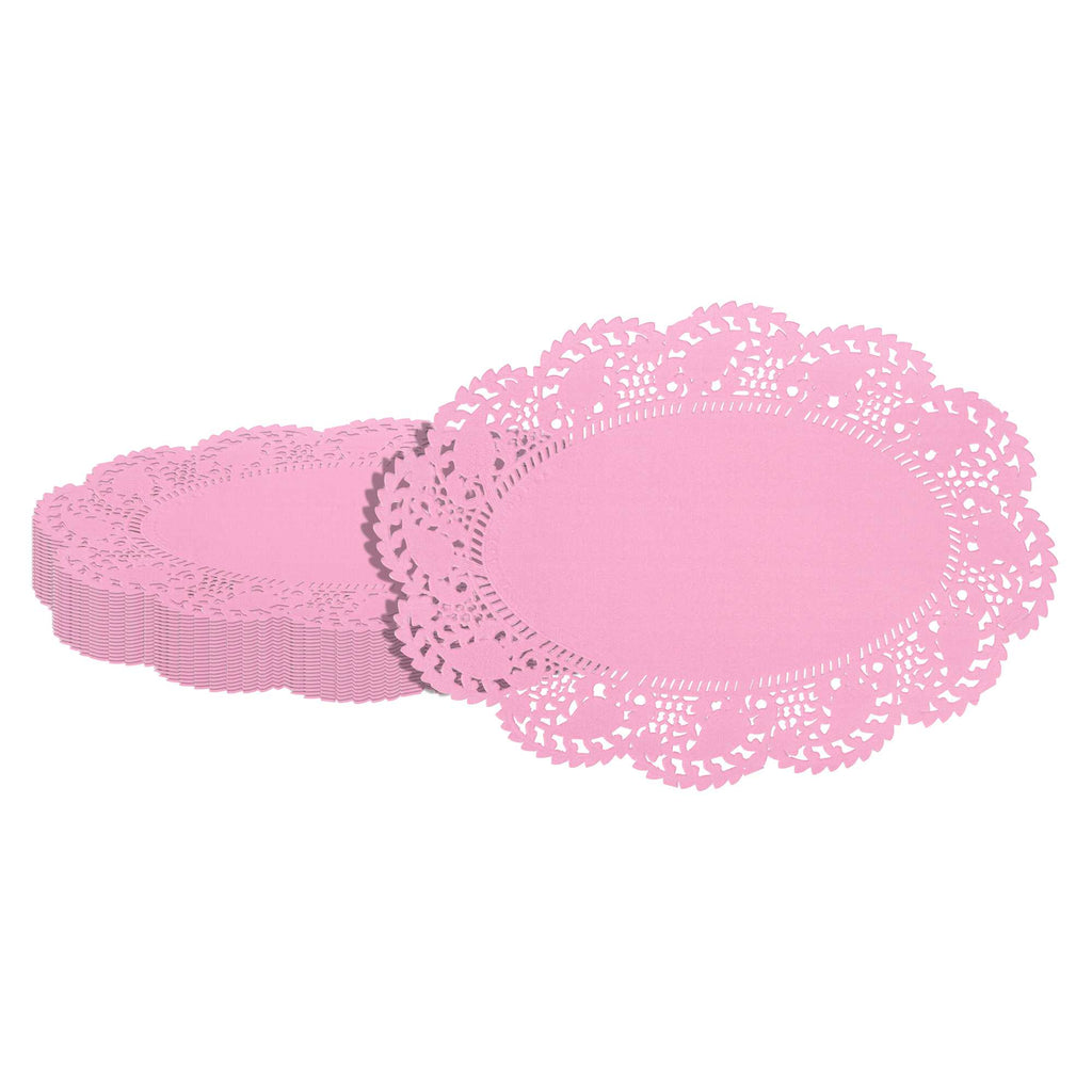 Pastry Tek Oval Pink Paper Doilies - Lace - 9" x 6 1/2" - 4000 count box