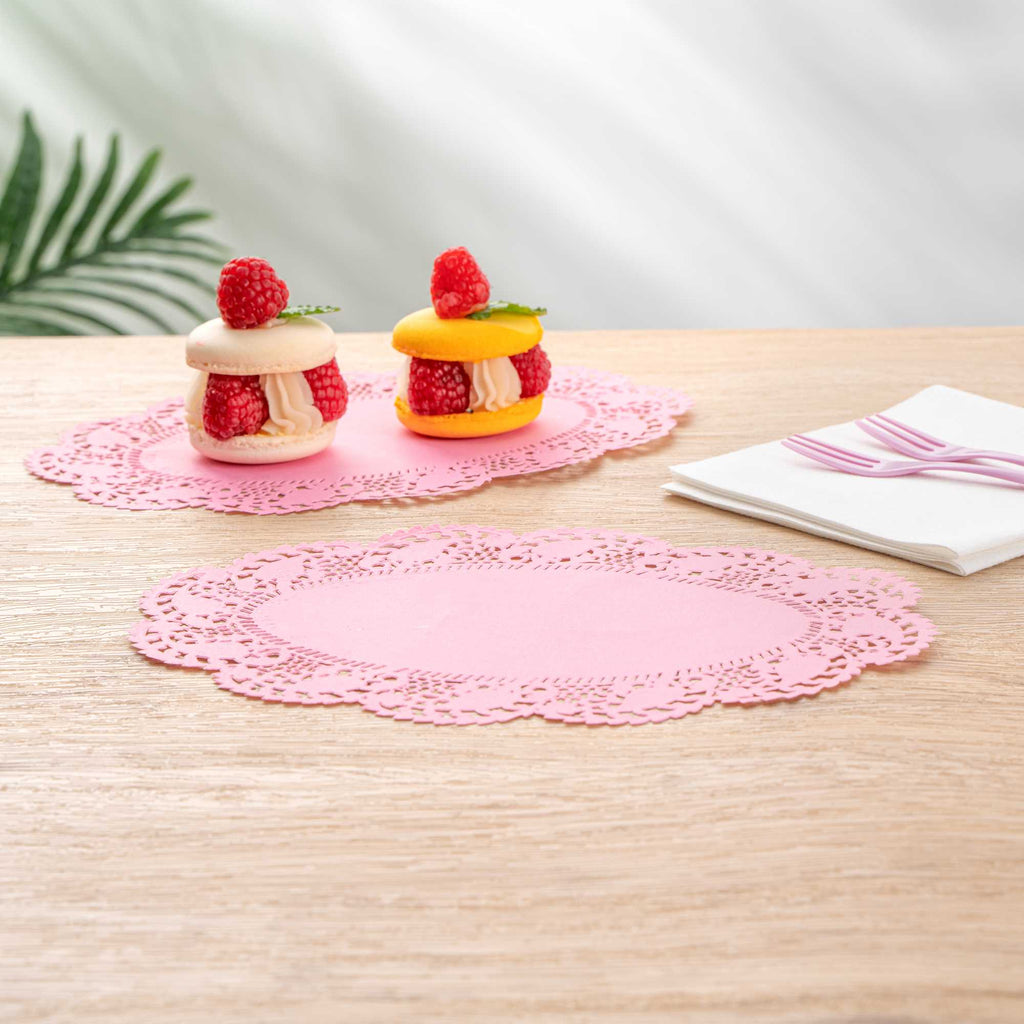 Pastry Tek Oval Pink Paper Doilies - Lace - 9" x 6 1/2" - 4000 count box