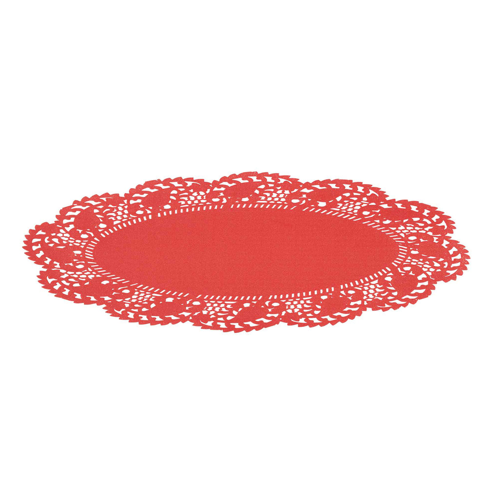 Pastry Tek Oval Red Paper Doilies - Lace - 9" x 6 1/2" - 100 count box