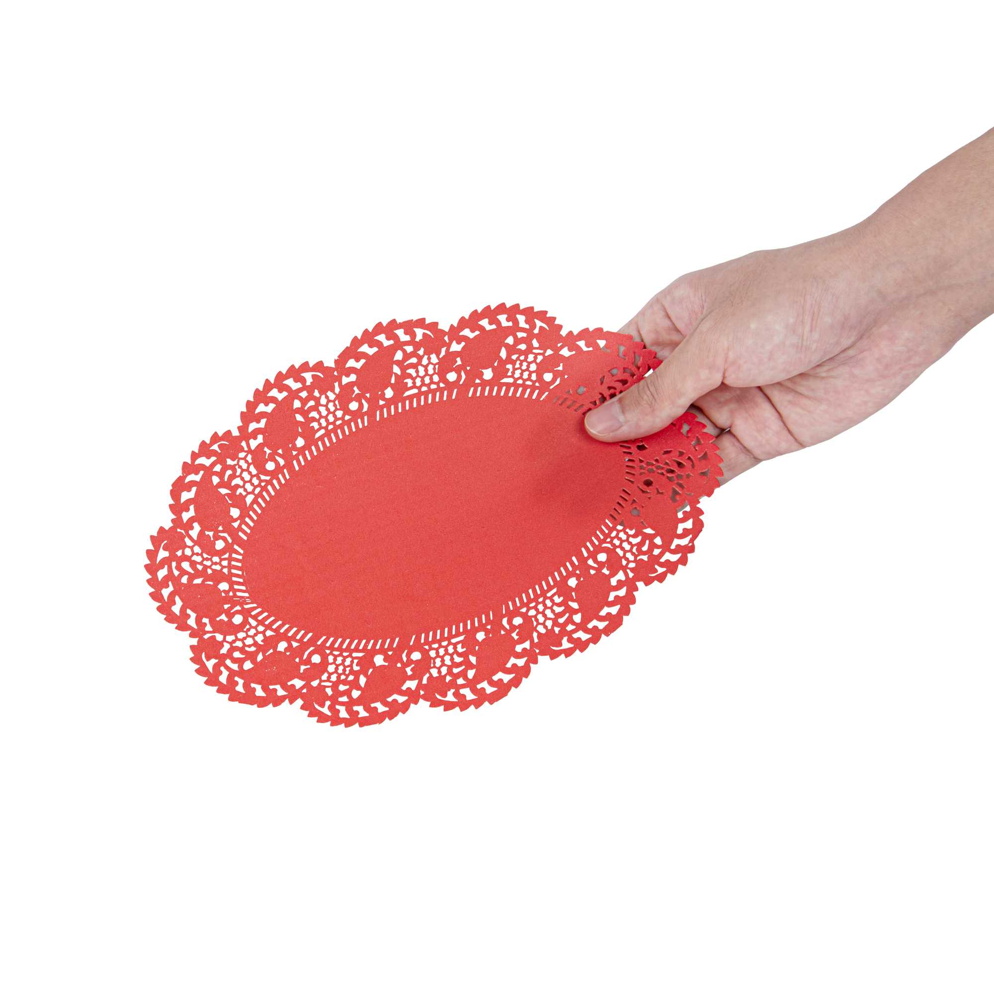 Pastry Tek Oval Red Paper Doilies - Lace - 9" x 6 1/2" - 100 count box