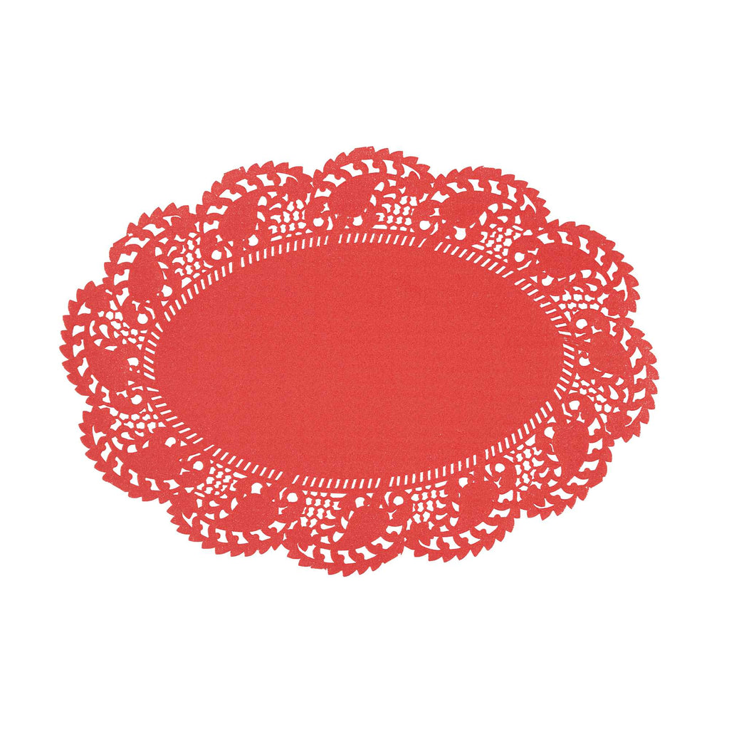 Pastry Tek Oval Red Paper Doilies - Lace - 9" x 6 1/2" - 4000 count box