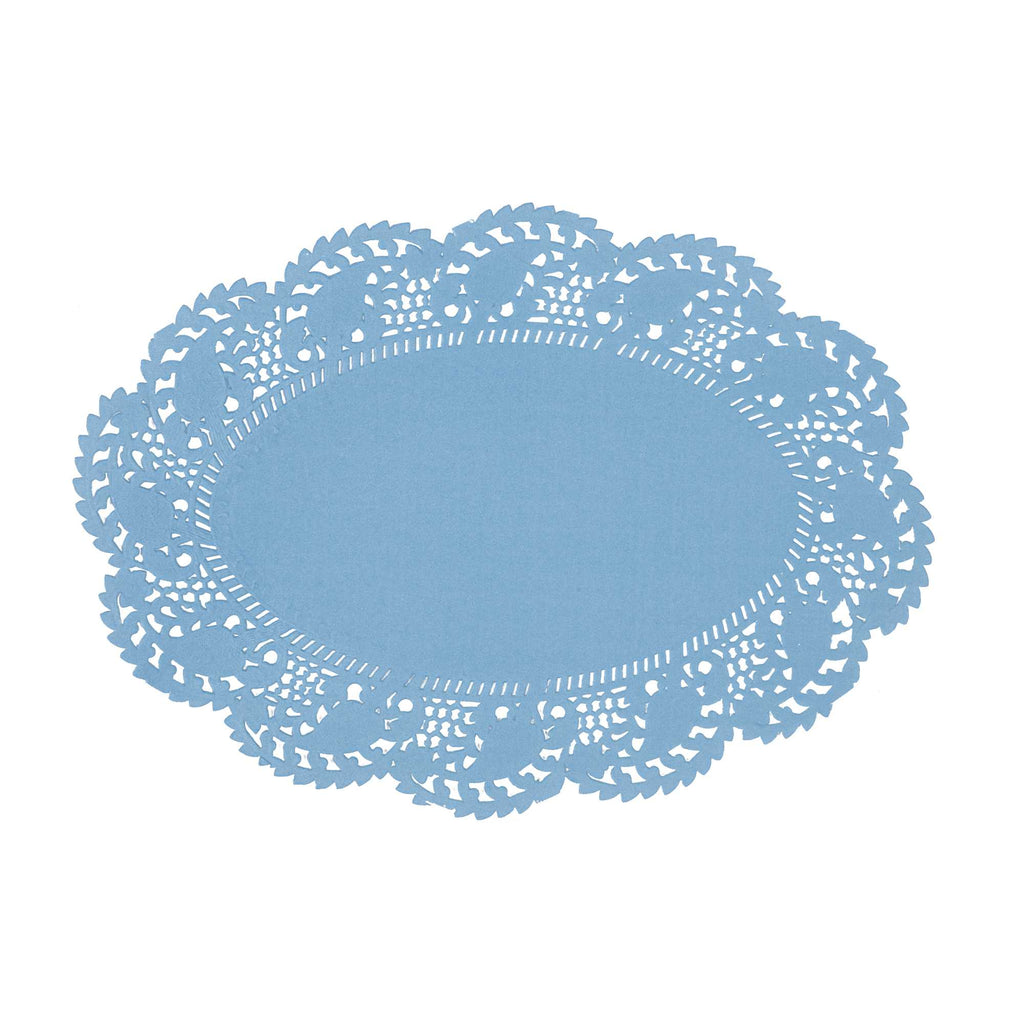 Pastry Tek Oval Sky Blue Paper Doilies - Lace - 9" x 6 1/2" - 4000 count box