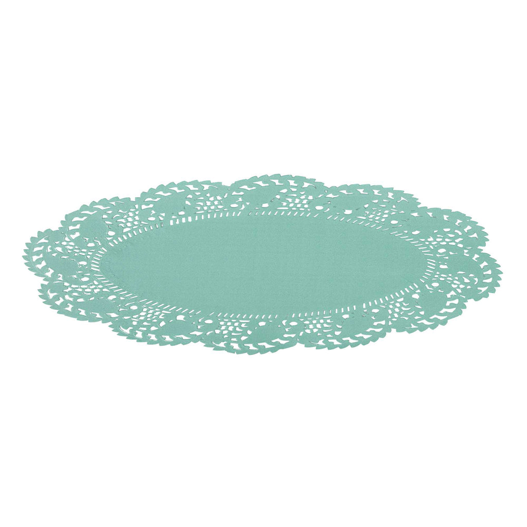 Pastry Tek Oval Teal Paper Doilies - Lace - 9" x 6 1/2" - 100 count box