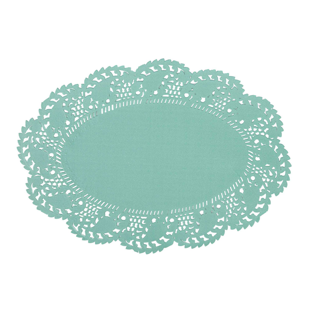 Pastry Tek Oval Teal Paper Doilies - Lace - 9" x 6 1/2" - 100 count box