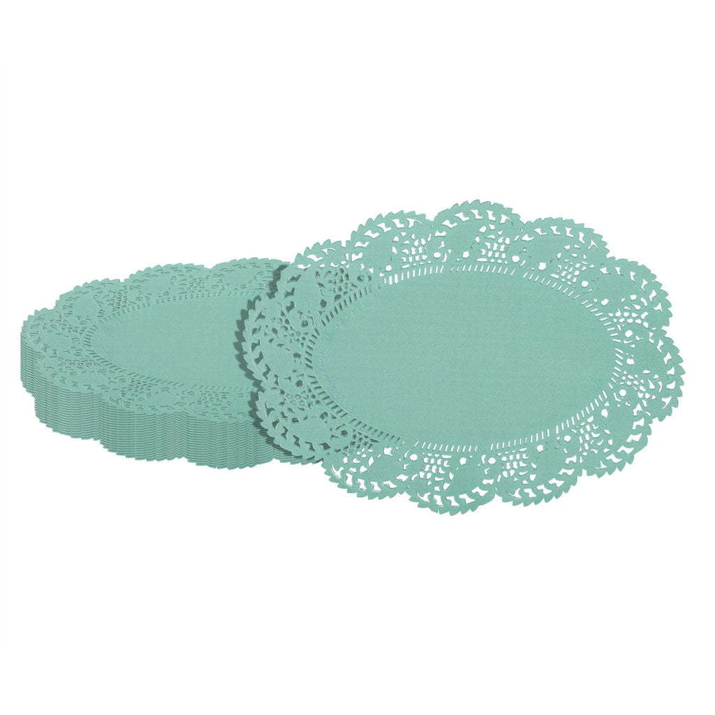 Pastry Tek Oval Teal Paper Doilies - Lace - 9" x 6 1/2" - 4000 count box