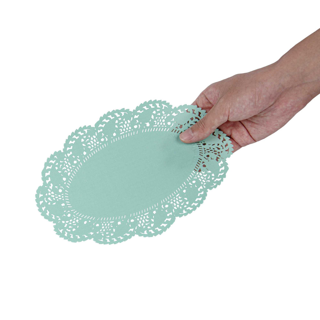 Pastry Tek Oval Teal Paper Doilies - Lace - 9" x 6 1/2" - 4000 count box