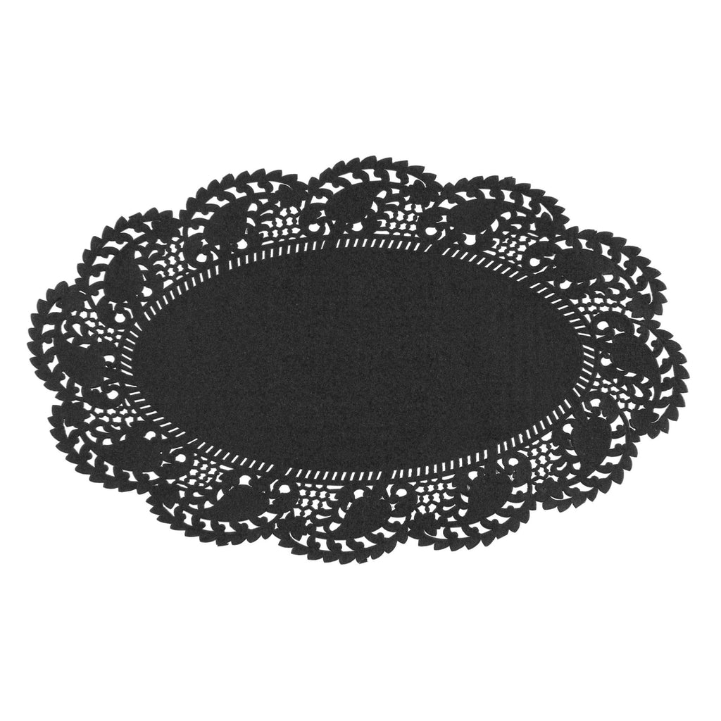 Pastry Tek Oval Black Paper Doilies - Lace - 10 1/2" x 6 1/2" - 100 count box