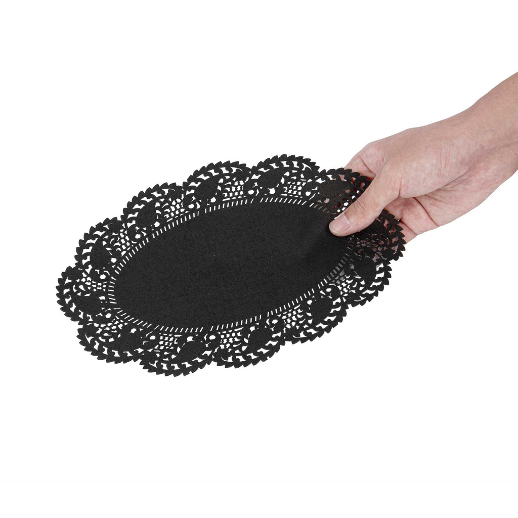 Pastry Tek Oval Black Paper Doilies - Lace - 10 1/2" x 6 1/2" - 4000 count box